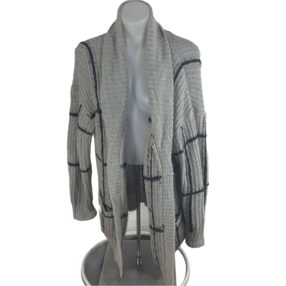 Leith Wool Blend Gray Black Grid Open Front Long Knit Cardigan Sweater Medium